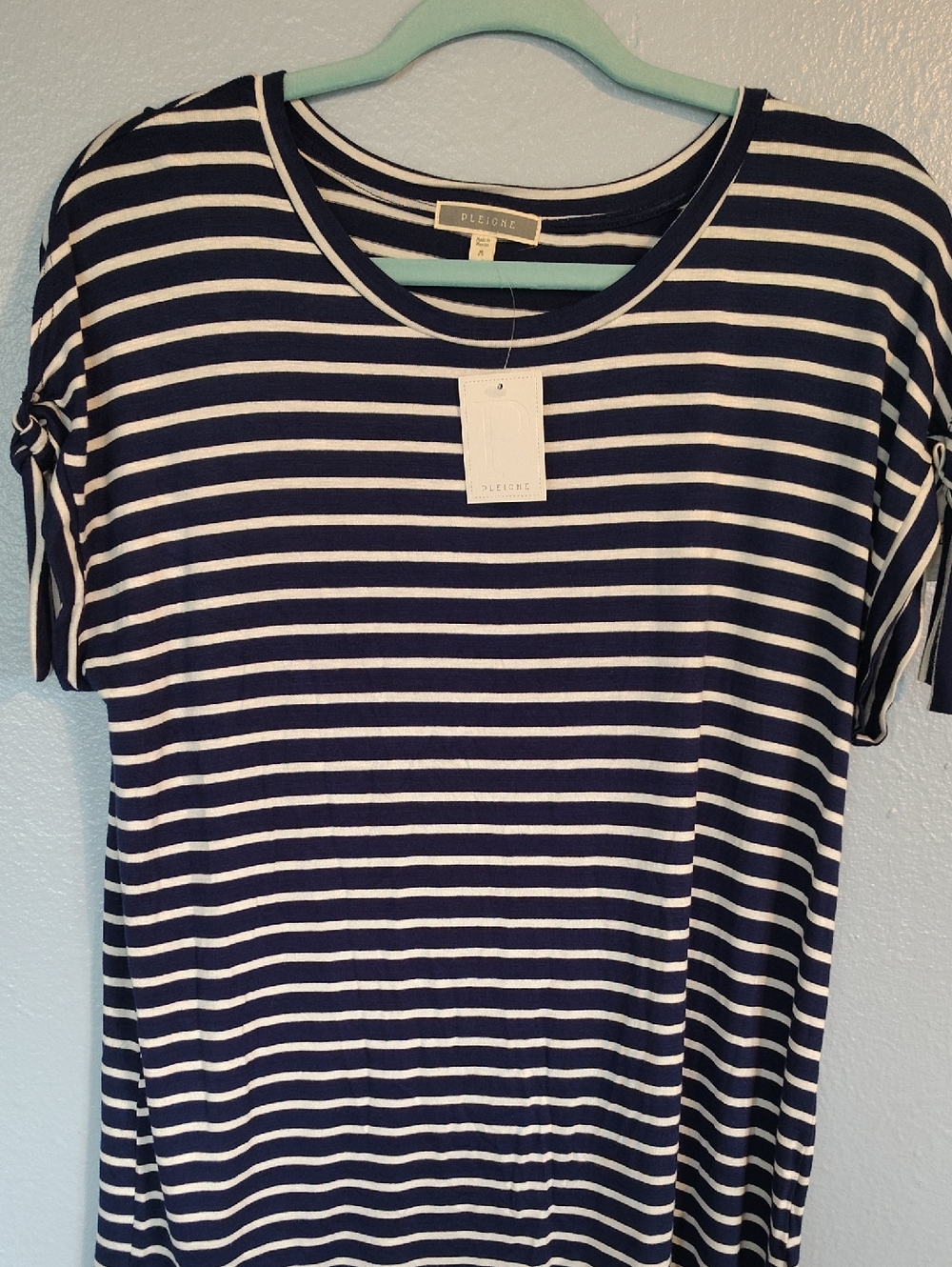 Pleione Navy & White Striped Short Sleeve Tee with Tie Sleeves